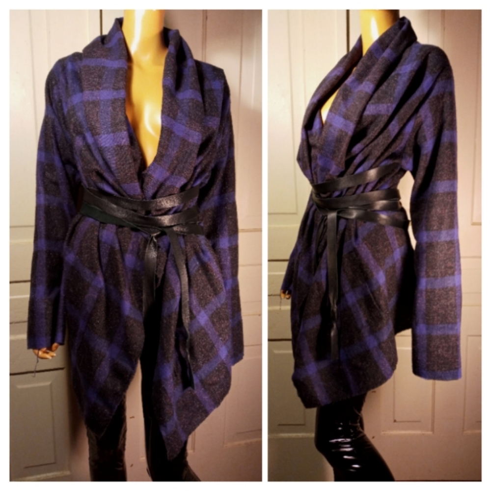 Wool + leather asymmetrical plaid jacket coat